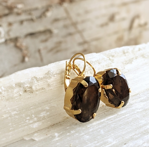32 CT. Large Natural Brown Smoky Quartz / Topaz In Gold Plated Earrings - Picture 3 of 7